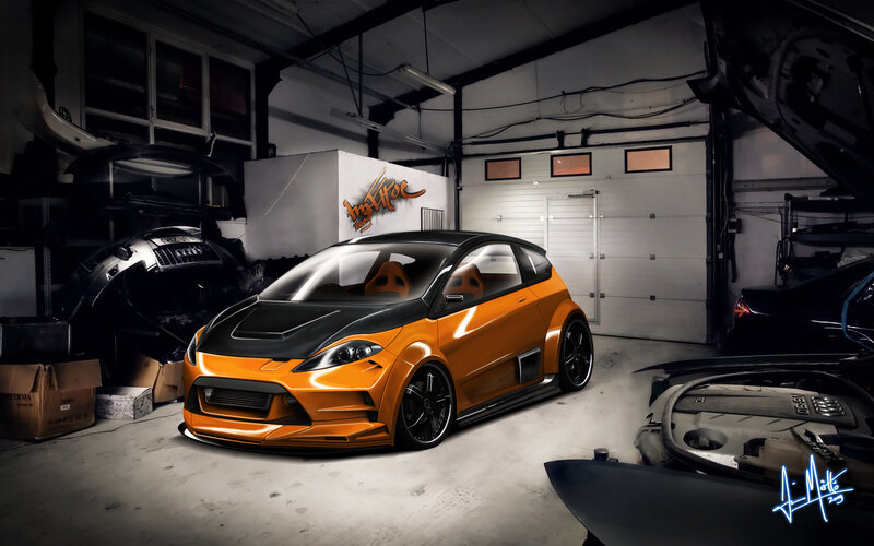 Orange custom car in garage