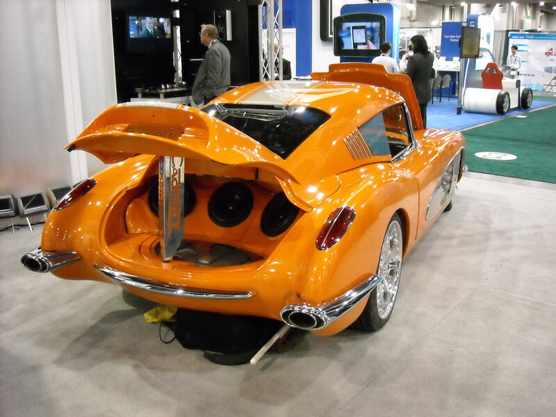 Orange custom car on display