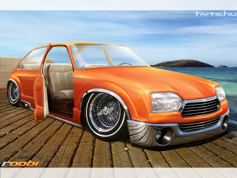 Orange custom car on dock