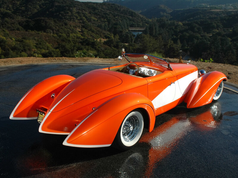 Orange Custom Car — Serene, Afternoon, Photograph, Road, Hills