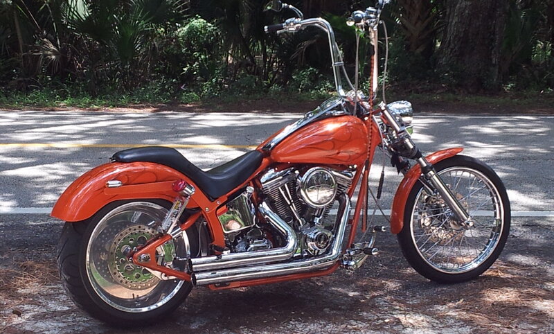 Orange Custom Chopper Motorcycle — Calm, Afternoon