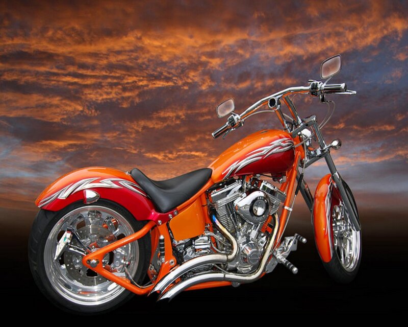 Orange Custom Chopper Motorcycle — Dramatic