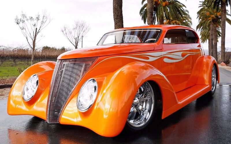 Orange Custom Hot Rod — Calm, Afternoon, Photograph, Palm Trees, Grapevines, Wet Pavement, White
