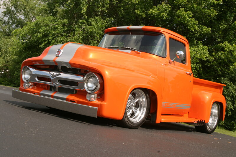 Orange Custom Pickup Truck — Calm, Afternoon, Photograph, Trees, Asphalt