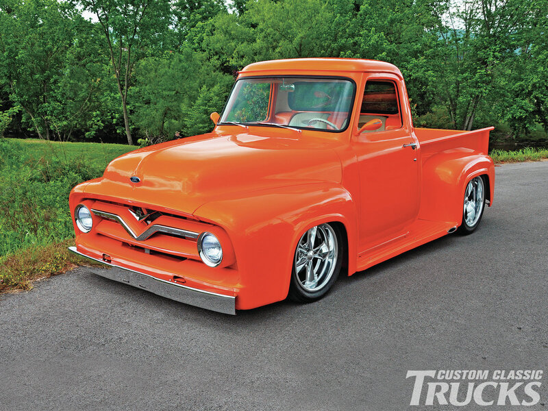 Orange Custom Pickup Truck — Calm, Afternoon, Photograph, Trees