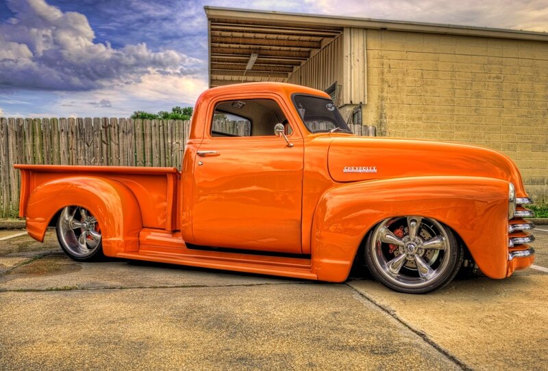 Orange Custom Pickup Truck — Dramatic, Afternoon, Photograph, Fence