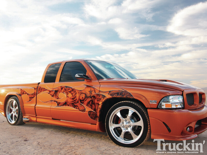 Orange Custom Pickup Truck — Dramatic, Afternoon, Photograph, Flame Design