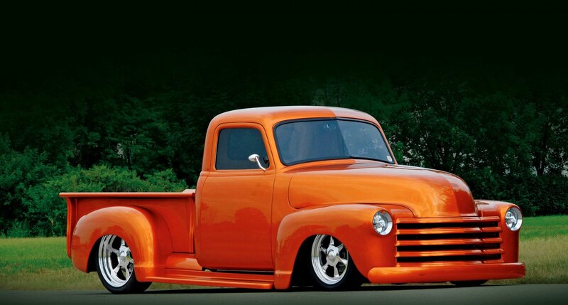 Orange Custom Pickup Truck — Dramatic, Afternoon, Photograph, Trees