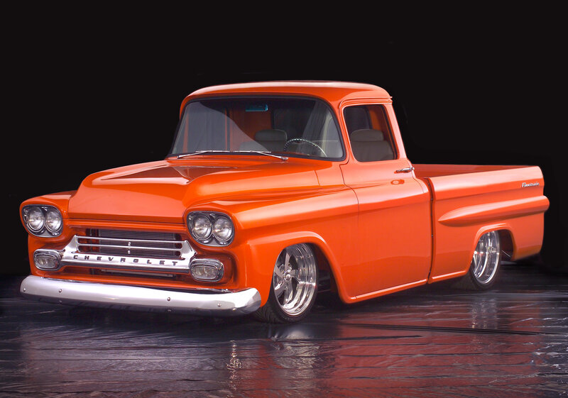 Orange Custom Pickup Truck — Dramatic, Photograph, Chrome Wheels