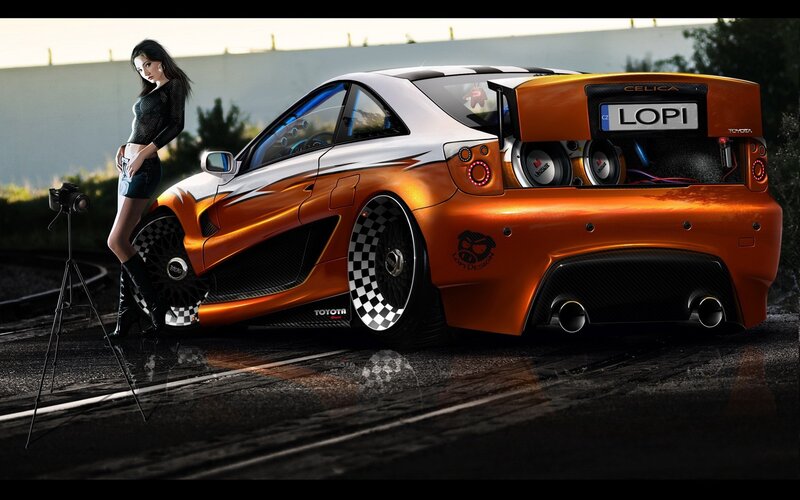 Orange custom sports car with woman