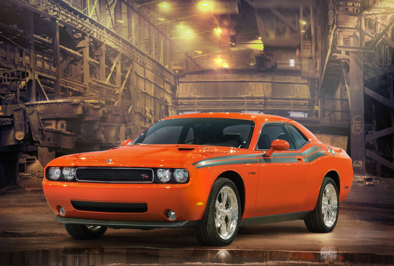Orange Dodge Challenger — Dramatic, Photograph, Car, Factory