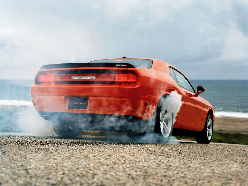 Orange Dodge Challenger — Dramatic, Photograph, Car, Smoke, Ocean, Gray, Blue