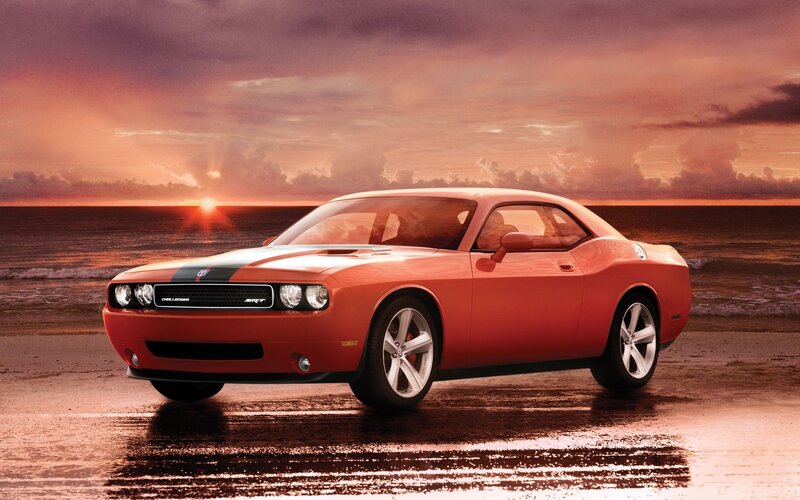 Orange Dodge Challenger — Dramatic, Sunset, Photograph, Car, Beach, Ocean