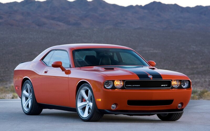 Orange Dodge Challenger — Dramatic, Sunset, Photograph, Mountains, Road, Black