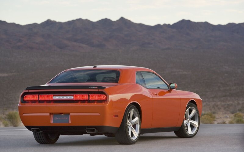 Orange Dodge Challenger — Dramatic, Sunset, Photograph, Mountains, Road, Desert