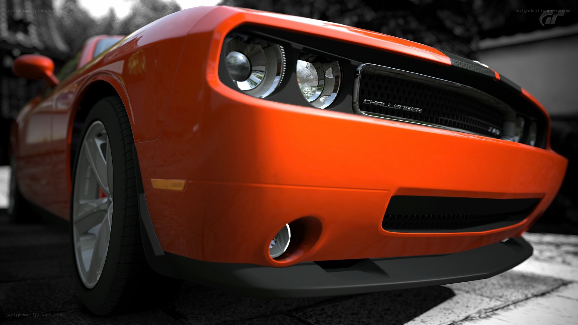 Orange Dodge Challenger front view
