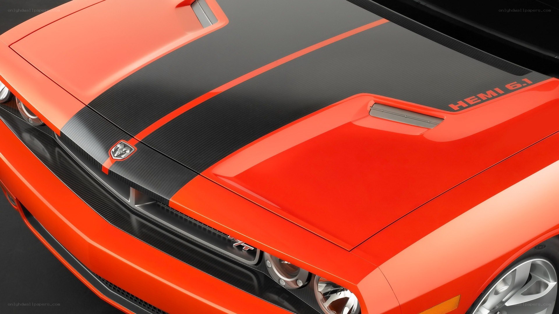 Orange Dodge Challenger hood