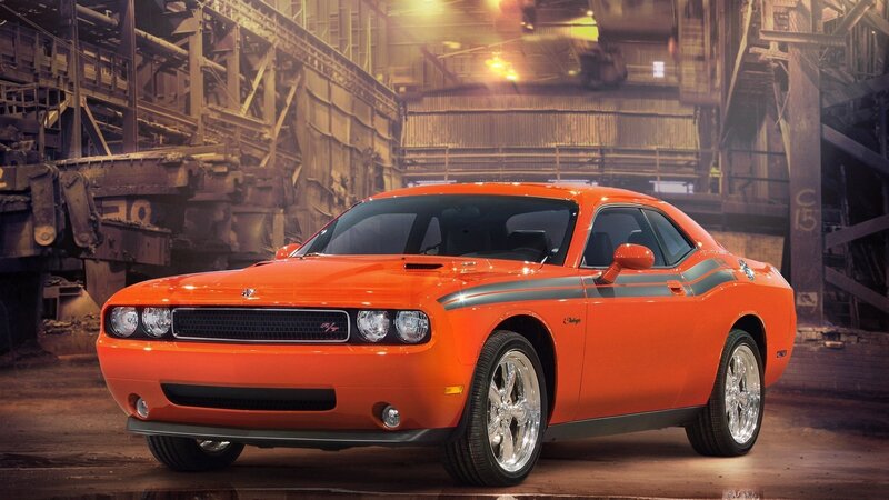 Orange Dodge Challenger in factory