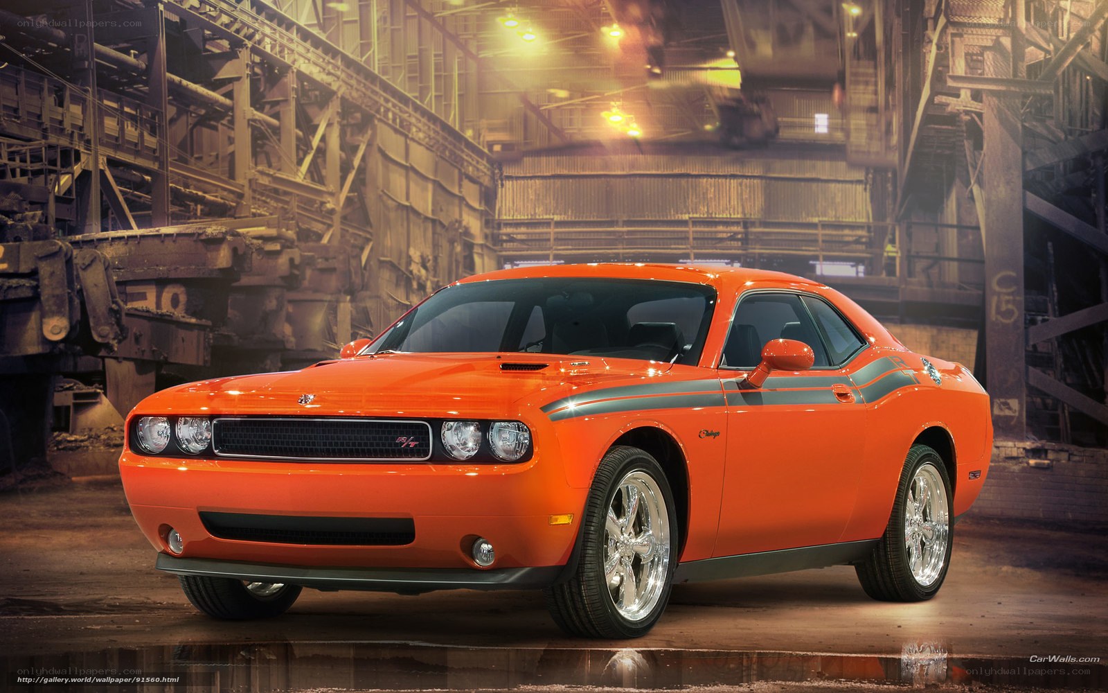 Orange Dodge Challenger in factory