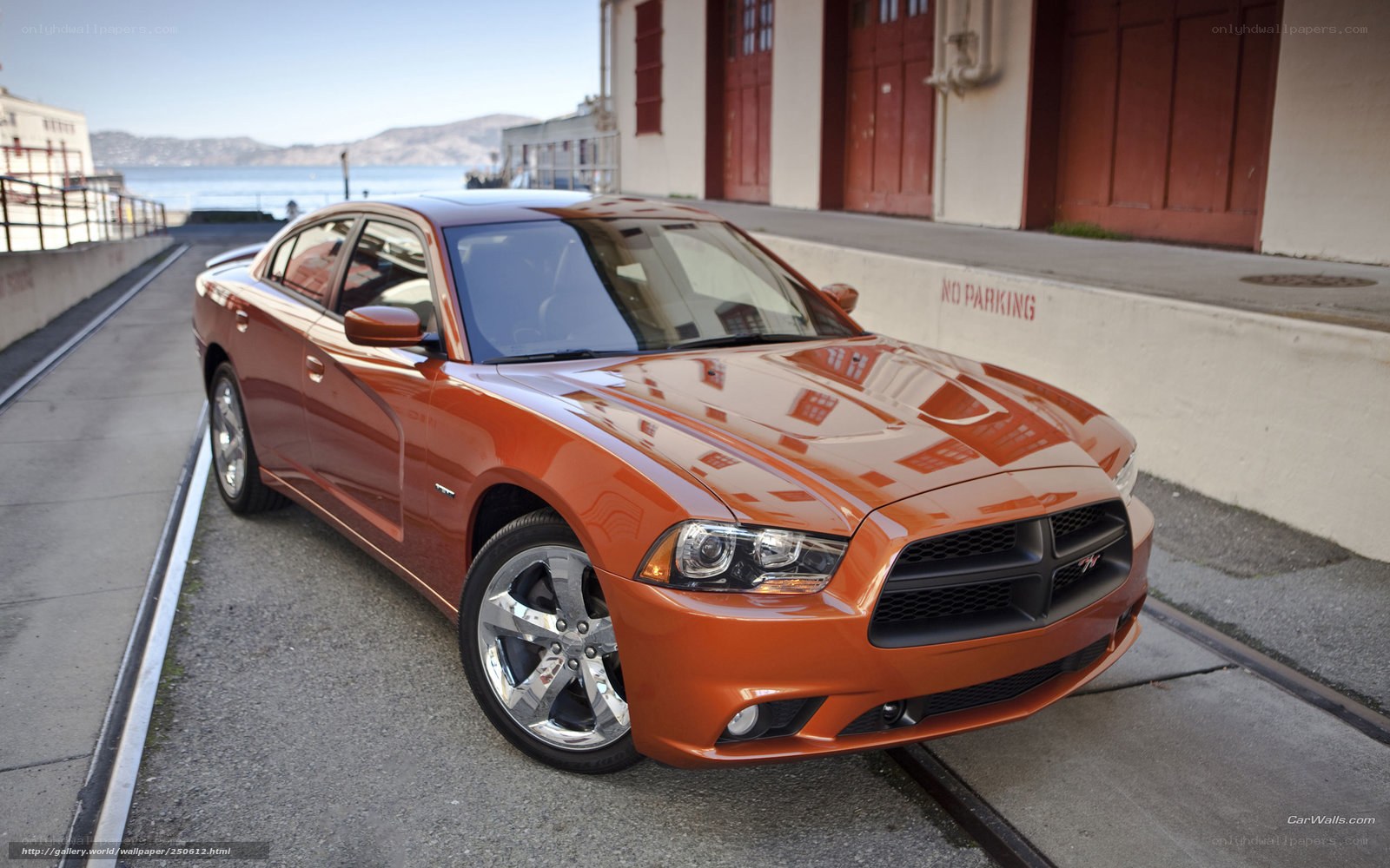 Orange Dodge Charger parked by water