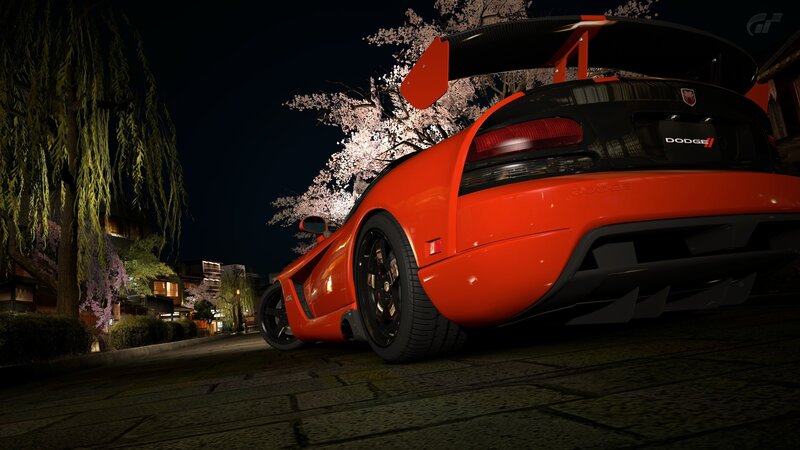 Orange Dodge Viper at night