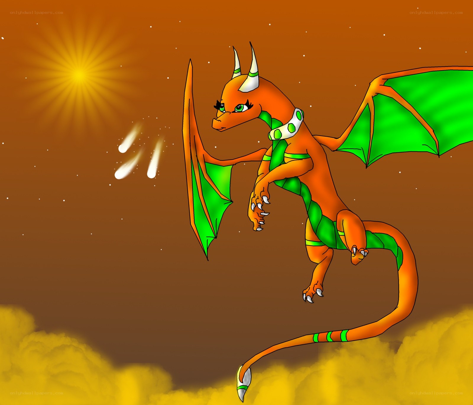 orange dragon flying in sky