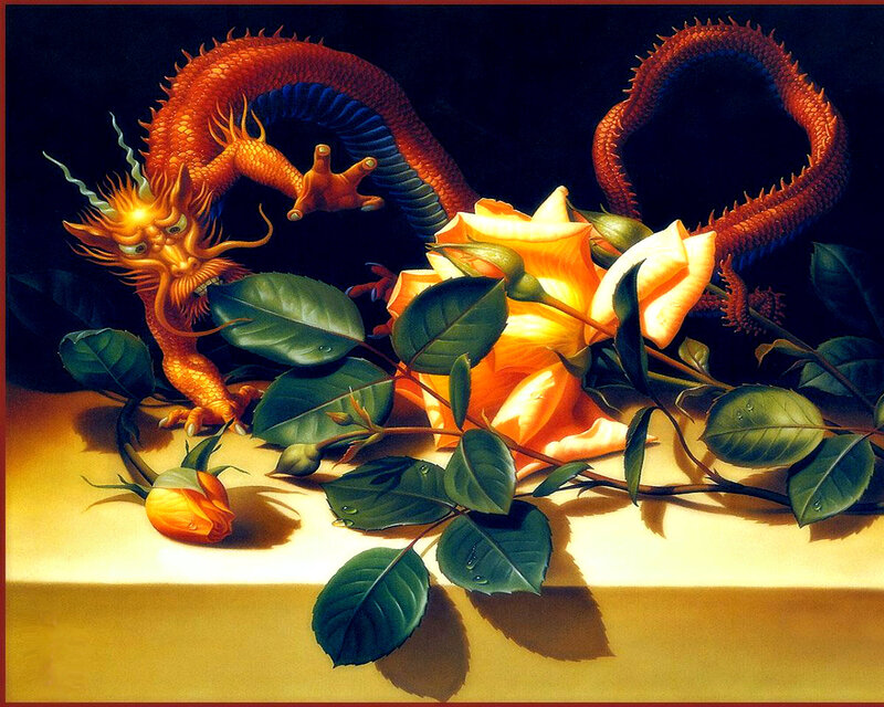 Orange Dragon with Roses