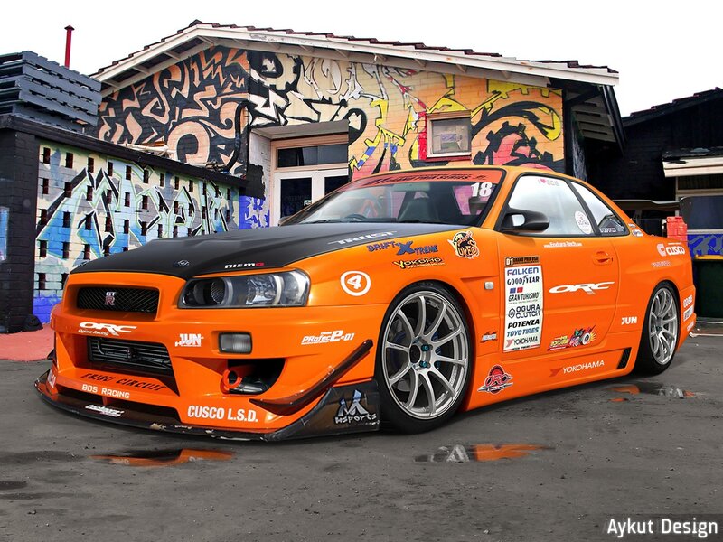 orange drift car in graffiti alley