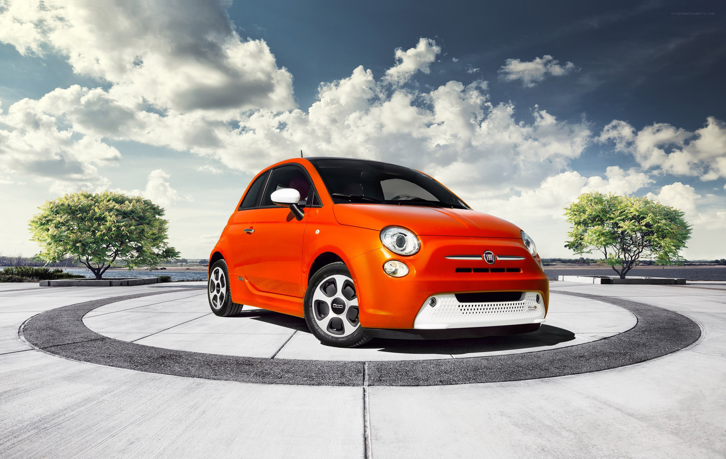 Orange Fiat 500e electric car