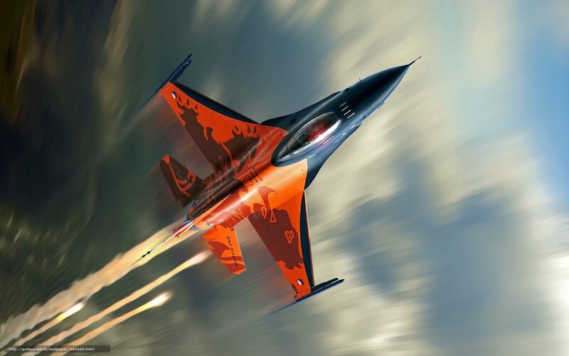 Orange Fighter Jet — Dynamic, Afternoon, Digital Art, Sky, Smoke Trails