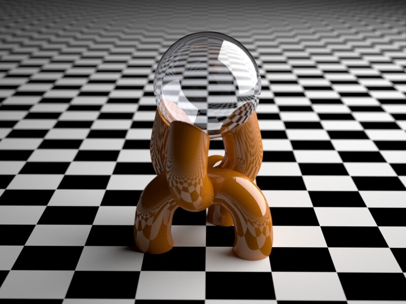 orange figure with glass sphere