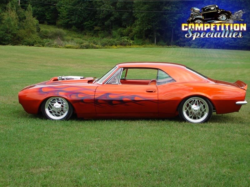 orange flame-painted classic car