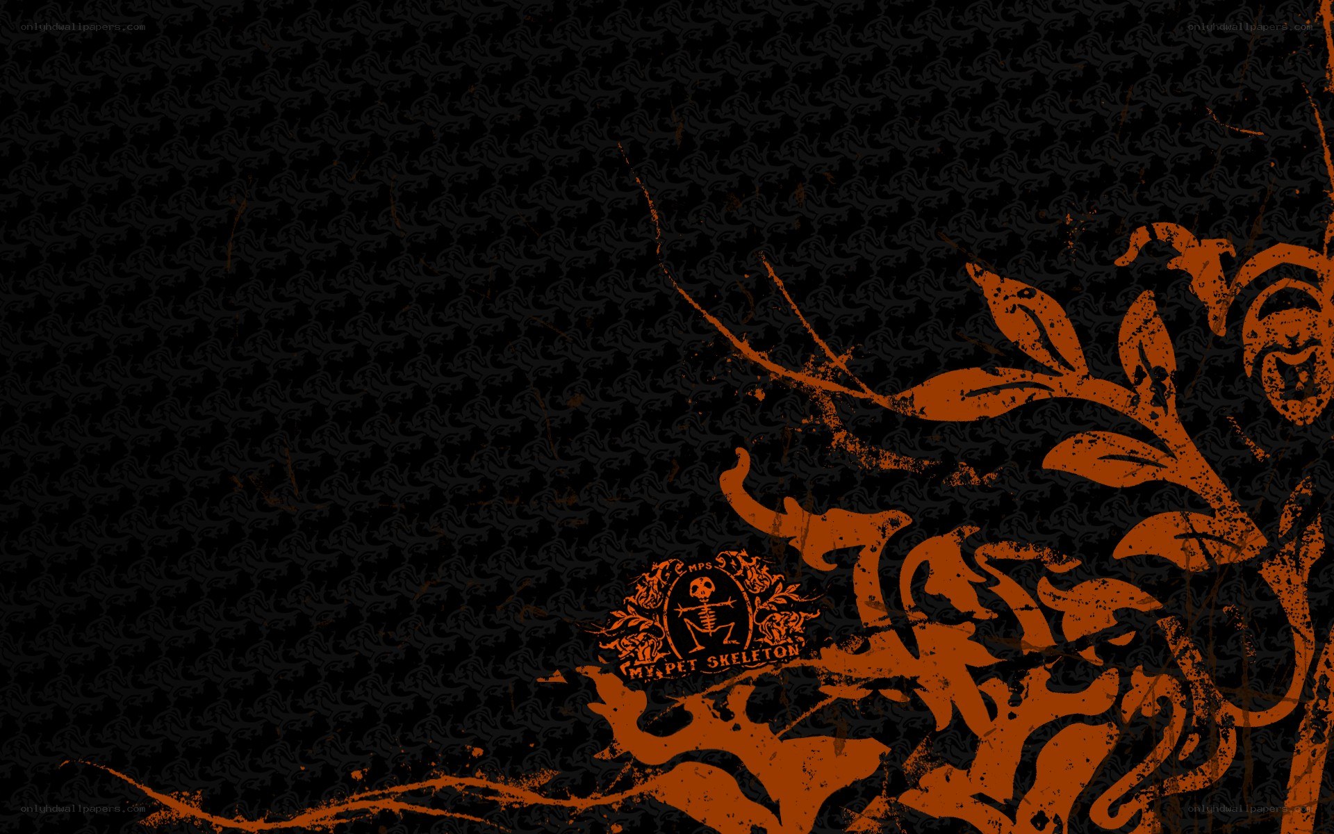 orange floral design with skeleton logo