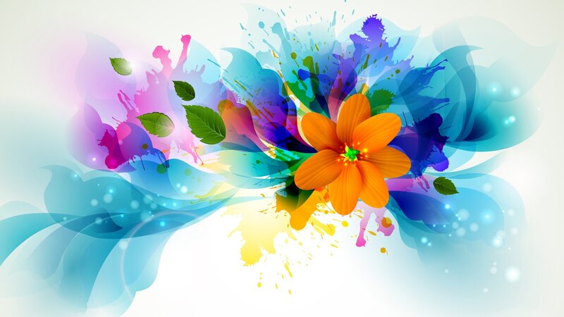 Orange Flower with Splashes — Blue, Vibrant, Digital Art, Leaves, Light Effects