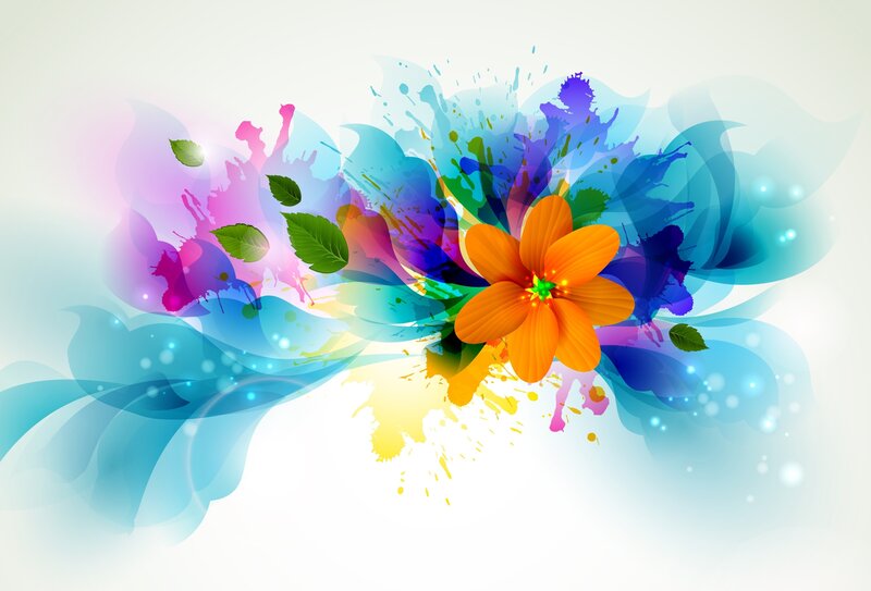 Orange Flower with Splashes — Blue, Vibrant, Digital Art