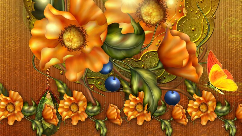 Orange Flowers and Butterfly