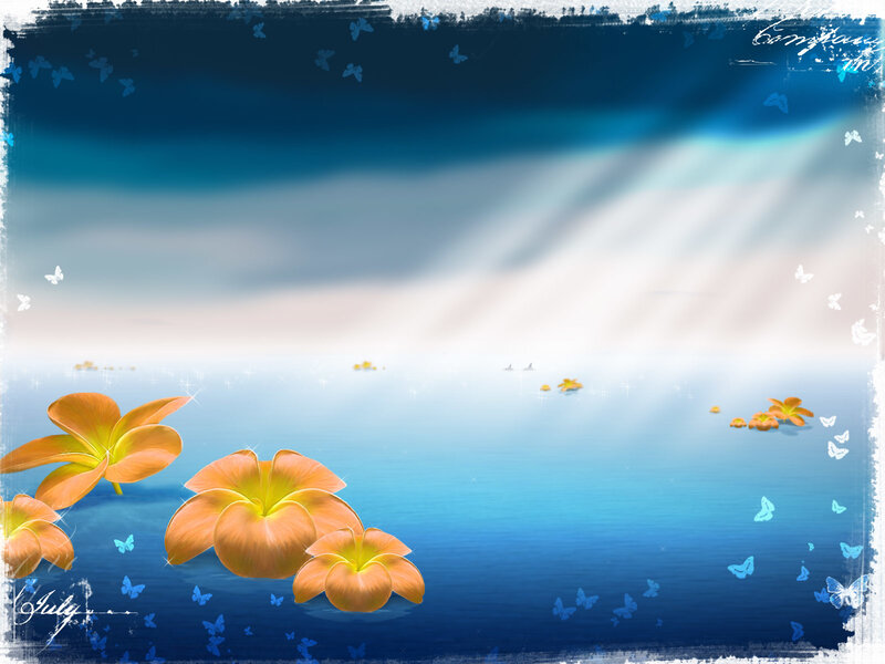 Orange Flowers on Water — Blue, Serene, Morning