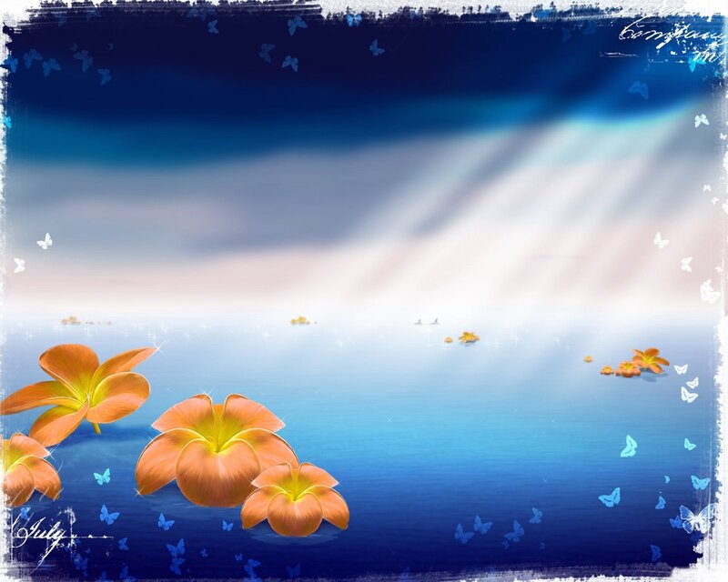 Orange Flowers on Water — Blue, Serene, Sunset
