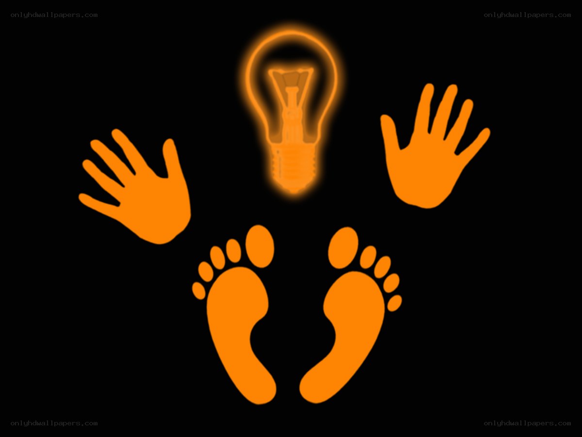 orange footprints and hands