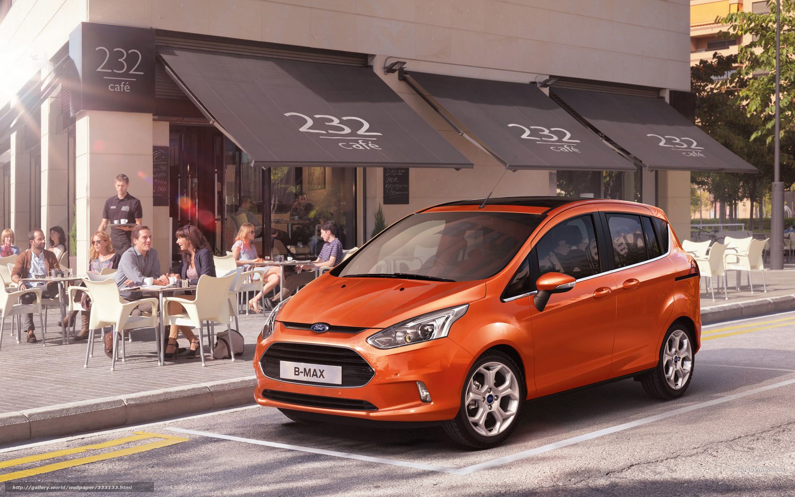 Orange Ford B-Max at a café