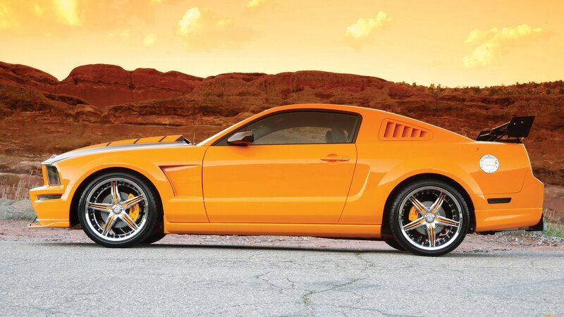Orange Ford Mustang in desert