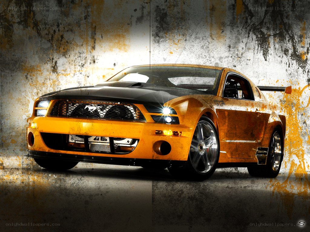Orange Ford Mustang on grungy background