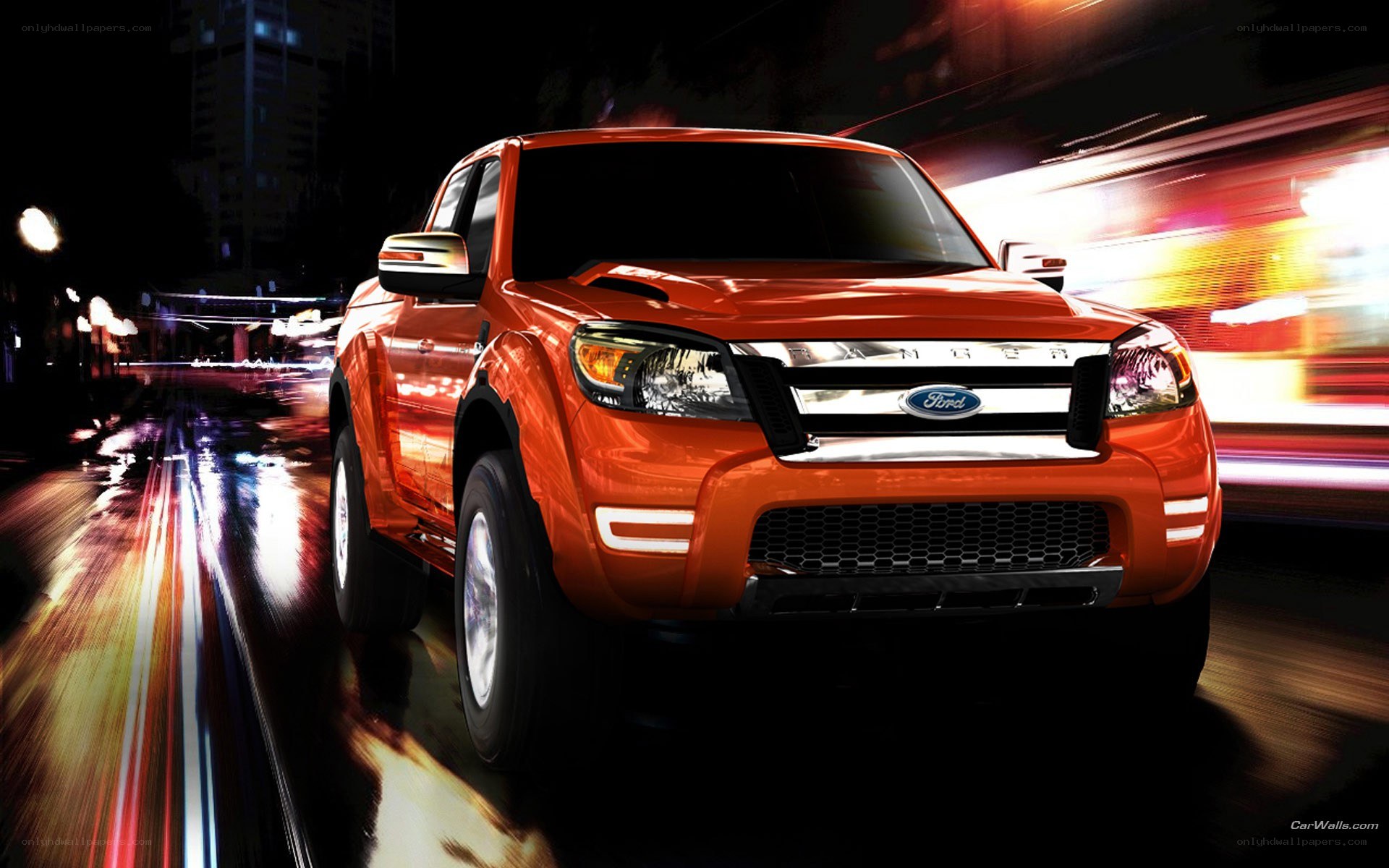 Orange Ford Ranger at night