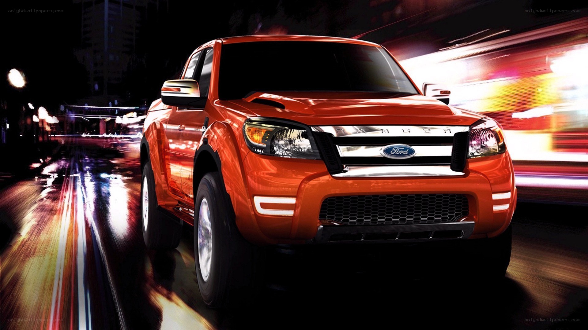 Orange Ford Ranger at night