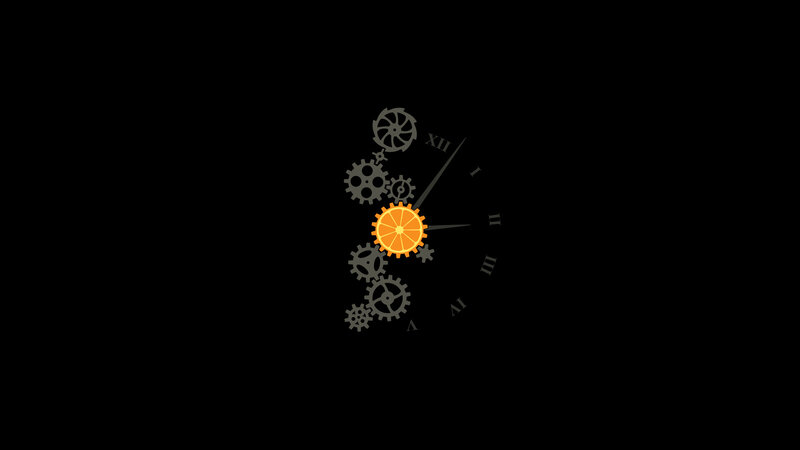 Orange Gear Clock — Black, Mechanical, Digital Art, Gears, Clock Face