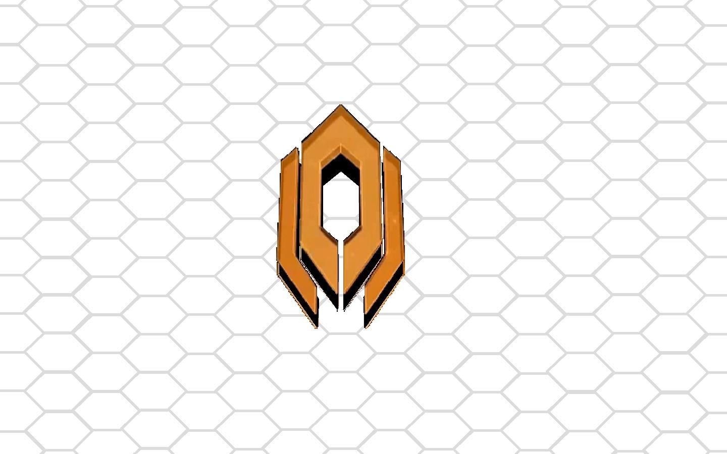 orange geometric logo on hex pattern