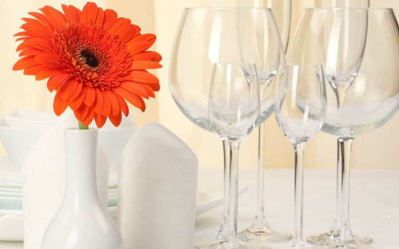 Orange Gerbera Daisy — Calm, Photograph, Vase, Wine Glasses