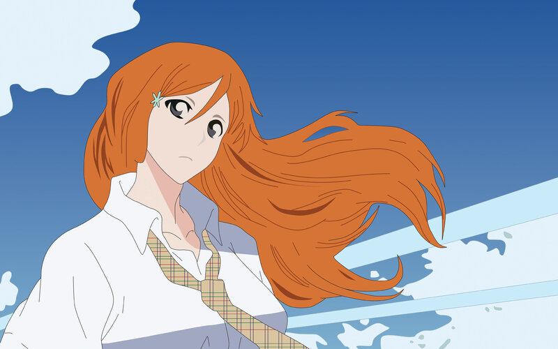 orange-haired anime girl in wind