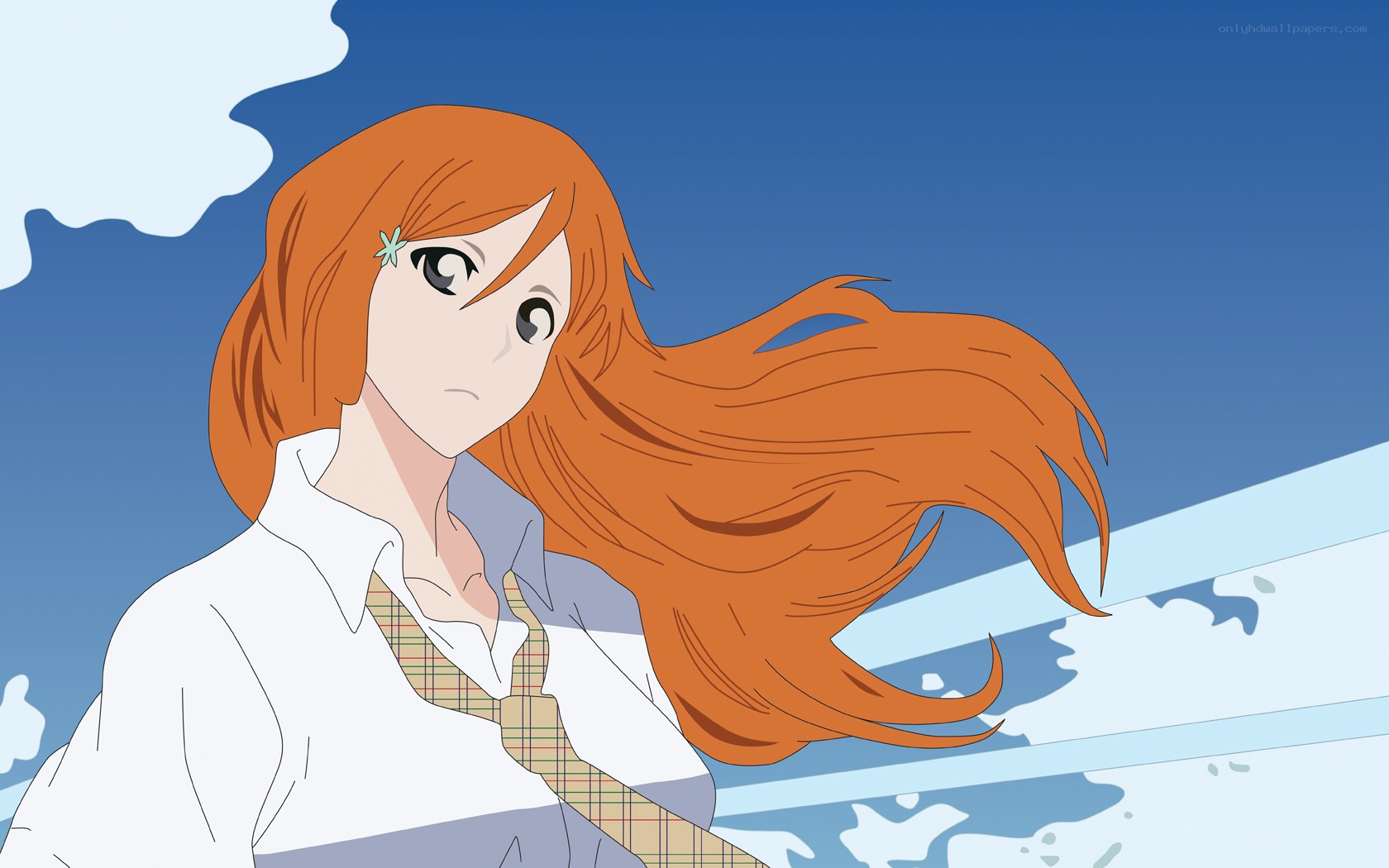 orange-haired anime girl in wind