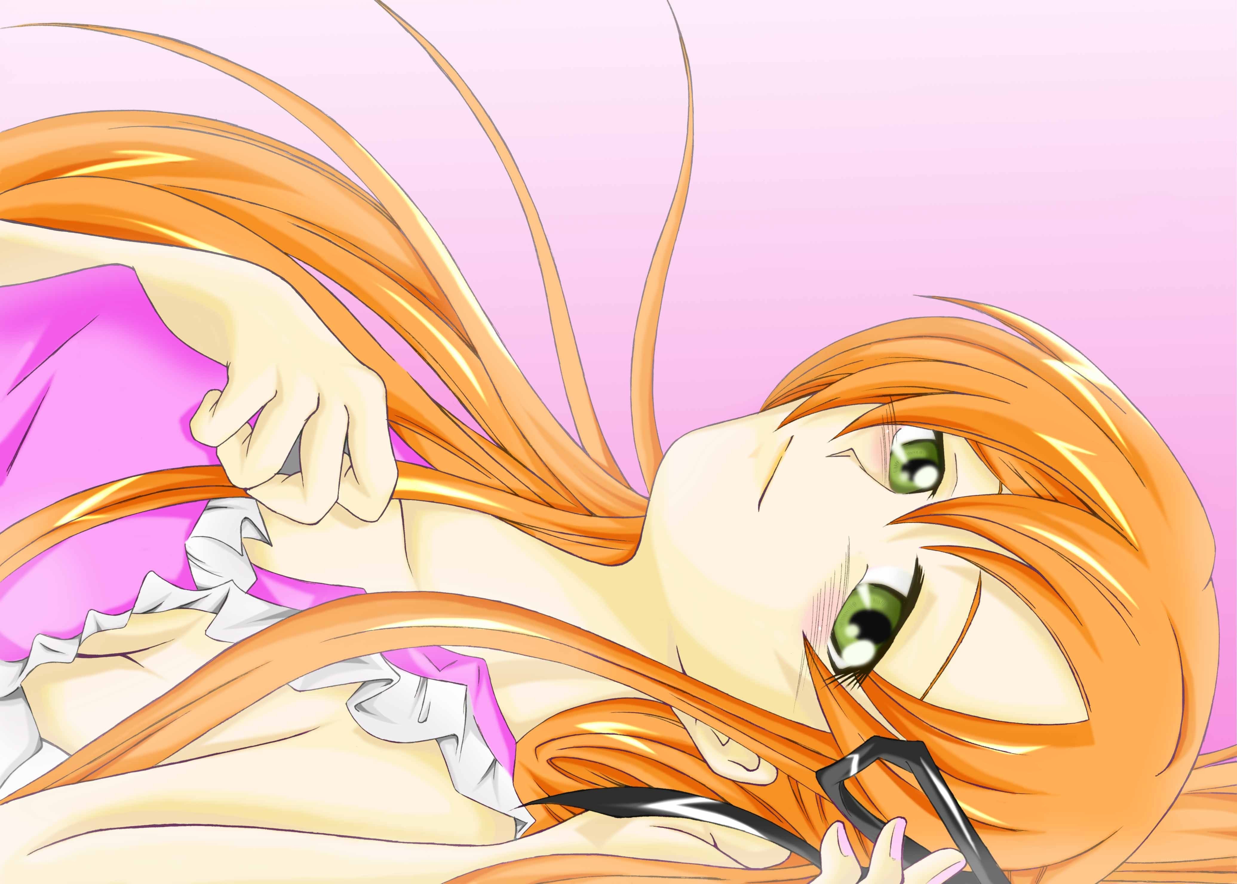 orange-haired anime girl lying down